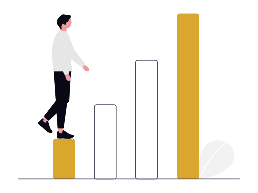 階段状の棒グラフを一段ずつ昇り、キャリアアップや年収増を目指す社労士のイメージイラスト