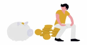 積み上げられたコインの横で貯金箱を見つめるイラスト。社労士にの年収アップの解説。