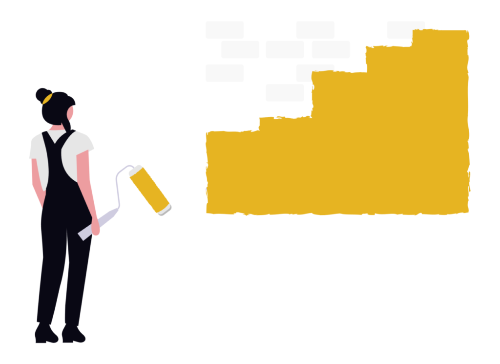 ローラーで階段状のグラフを黄色く塗り替え、社労士の年収向上をイメージしたイラスト